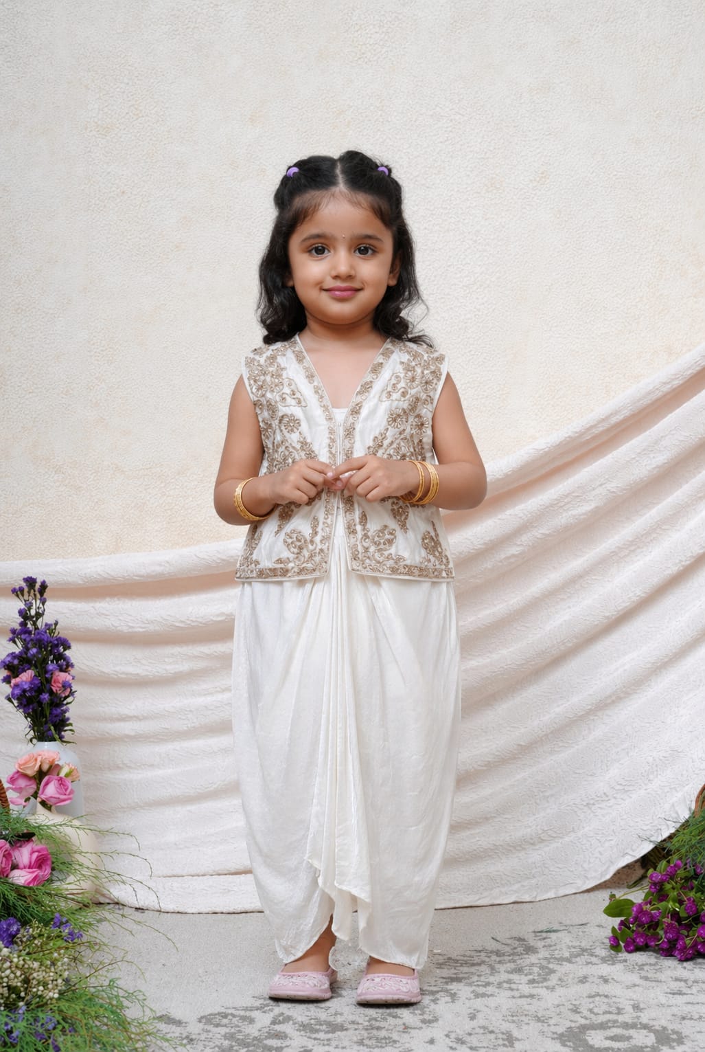 Off White zari embroidered Top with Dhoti Skirt for 1 Years Old
