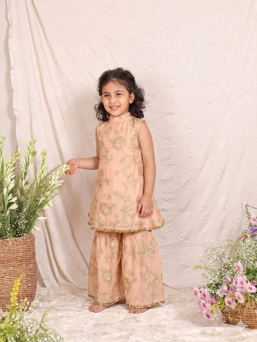 Peach Flower Embroidered Kurta and Flare Pant for 1 Years Old