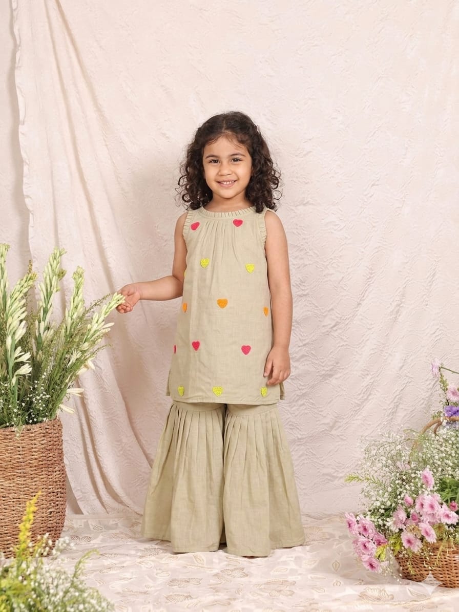 Pista Green Heart Embroidered Tie Kurta and Sharara