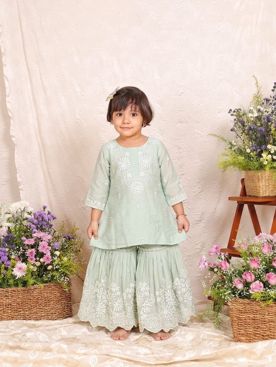 Thread and mirror Embroidered Mint Green Tissue Kurta and Sharara for 2 Years Old