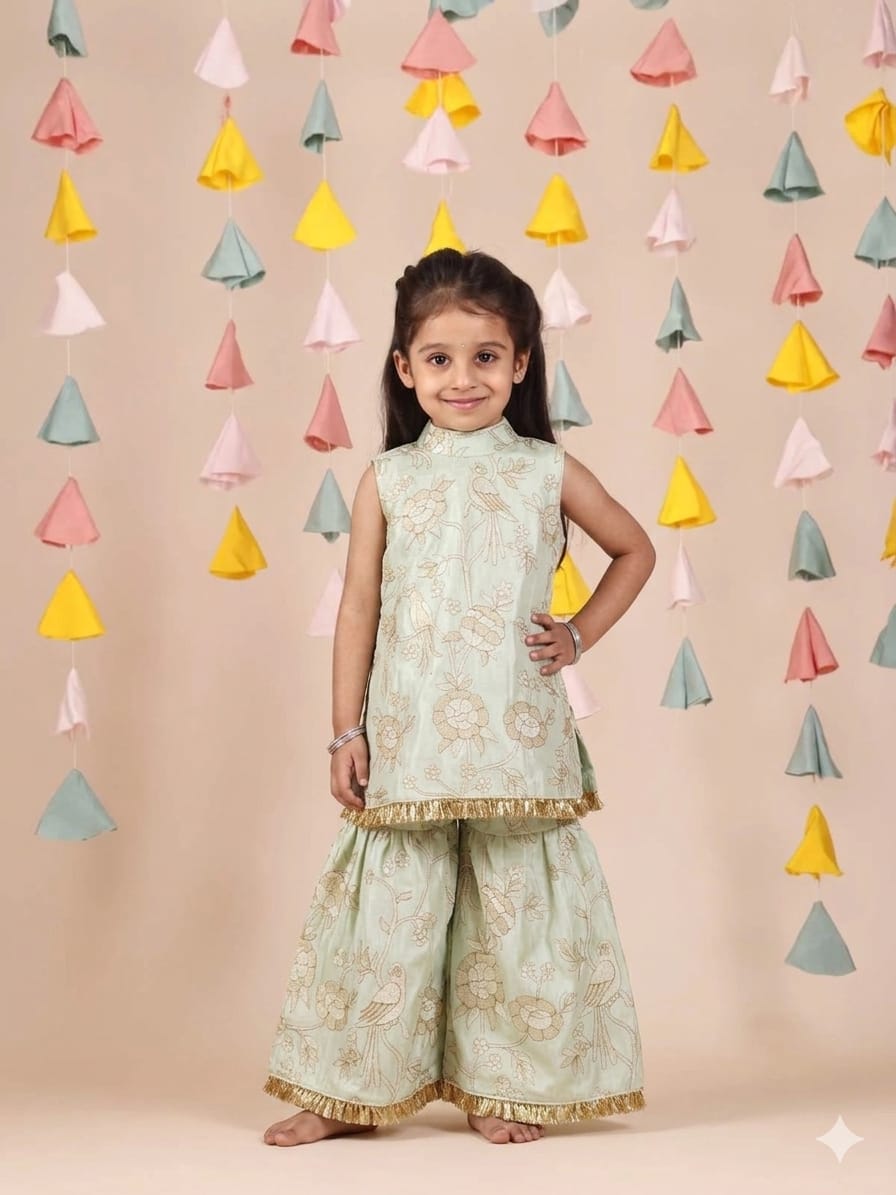 Pista Green Flower Embroidered Kurta and Flare Pant for 1 Years Old