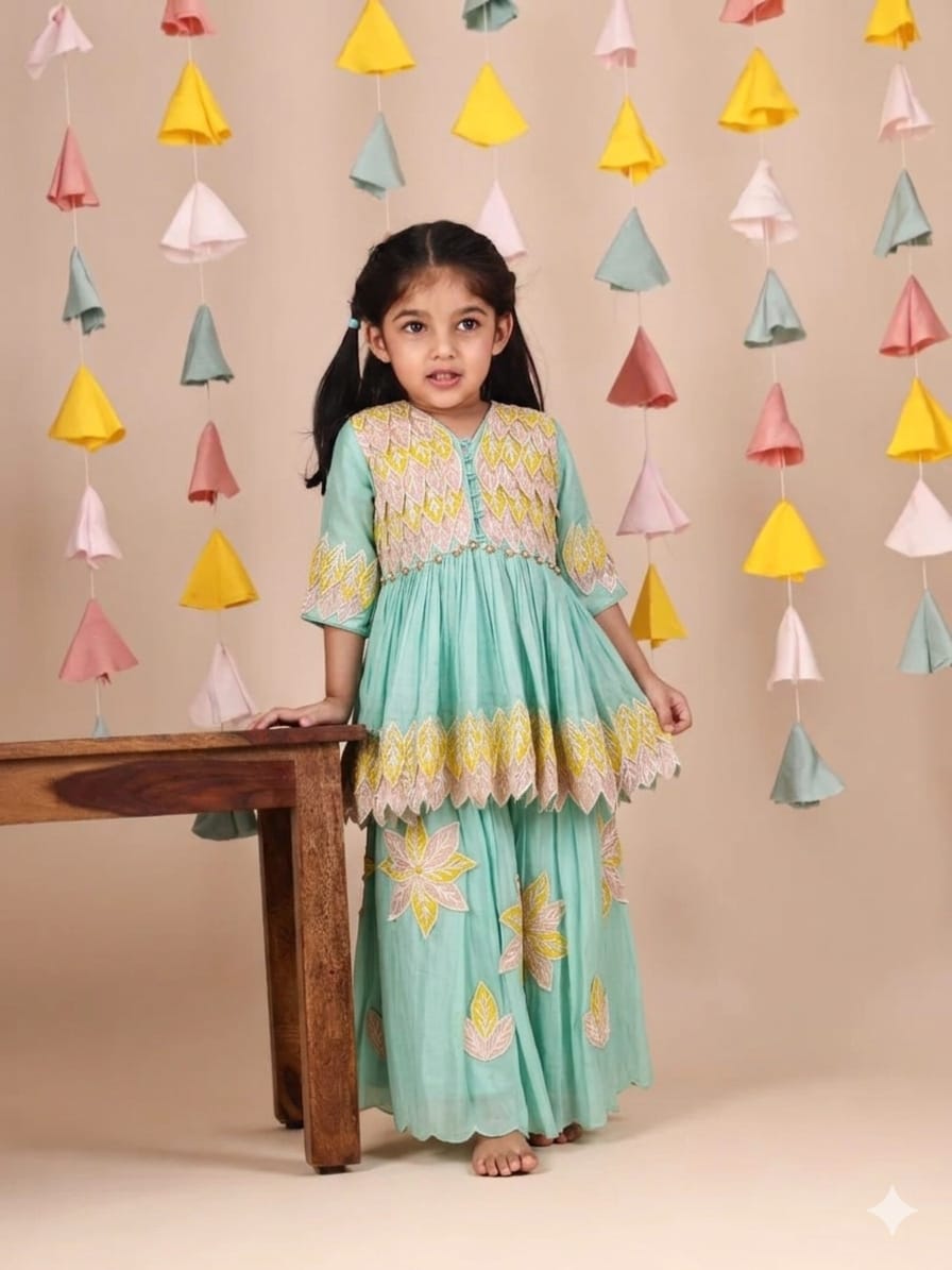 Multicolour Leaves Applique Sea Green Peplum and Flare Pant for 1 Years Old