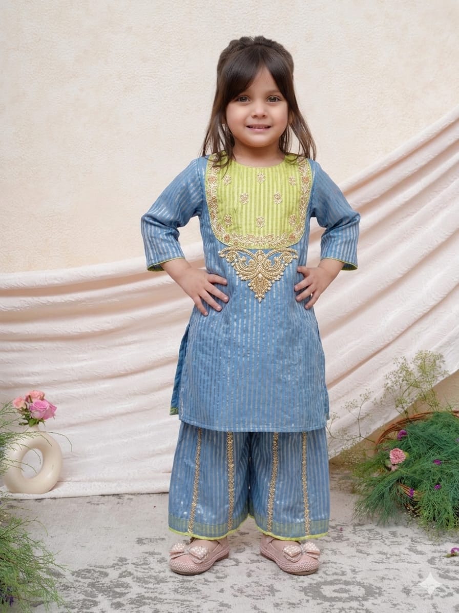 Blue Linen Tissue Kurta withy Straight Pant for 3 Years Old