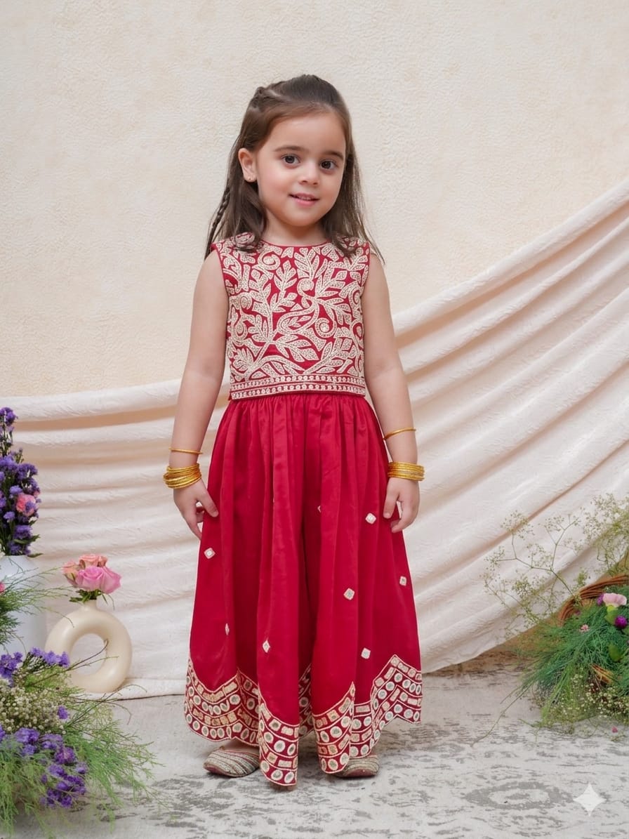 Cord and Mirror Embroidered Pink Top and Flare Pant for 2 Years Old