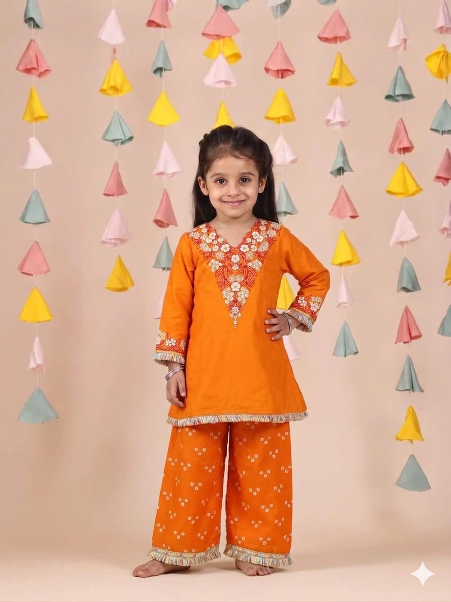 Orange Thread and Moti Embroidered Straight Bandhej Pant for 3 Years Old