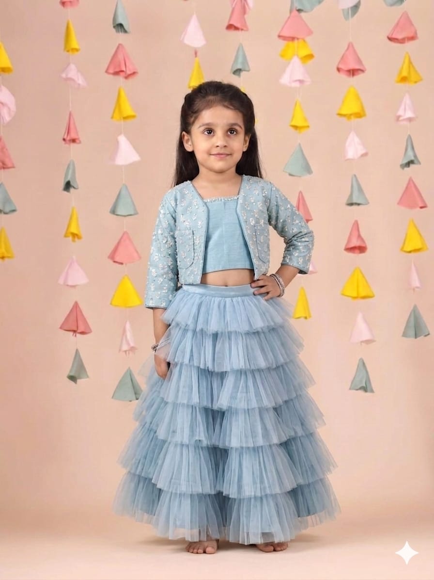Blue Sequins Embroidered Top with Jacket and Ghaghra for 3 Years Old