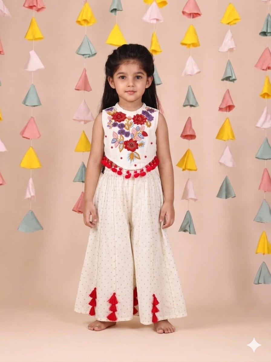 Multi Colour Chir Embroidered Off White Top and Flare Pant for 1 Years Old