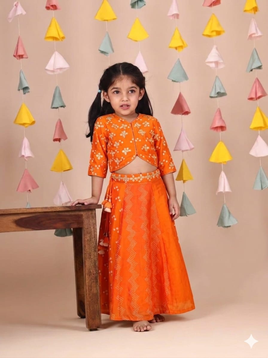 Orange Bandhej Zari Embroidered Blouse and Ghaghra for 1 Years Old