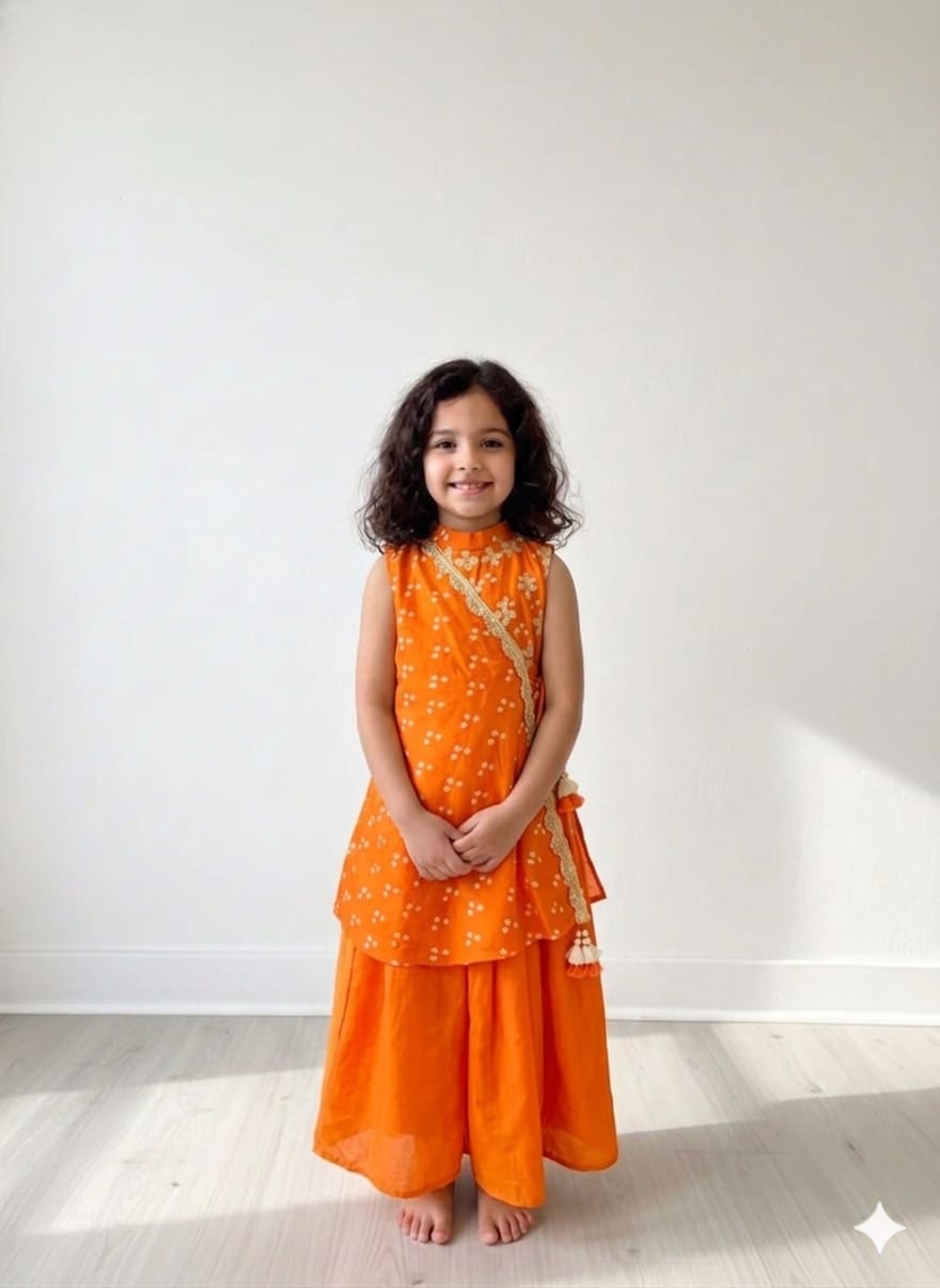 Orange Bandhej Cape with Dhoti for 1 Years Old