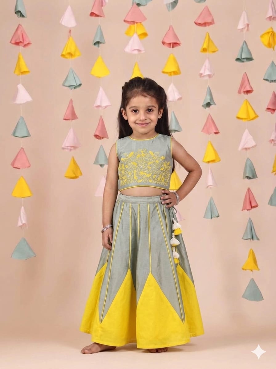 Yellow Thread and Moti Embroidered Green Kali Ghaghra for 2 Years Old