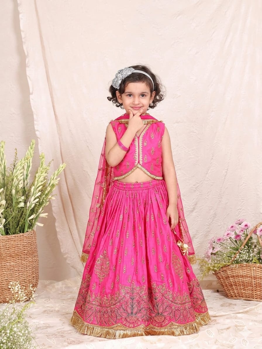 Hot Pink Fully Thread Embroidered Ghaghra Blouse with Dupatta for 1 Years Old
