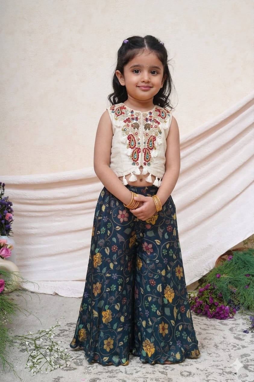 Off White Embroidered Top and Silk Tissue Flare Pant for 1 Years Old