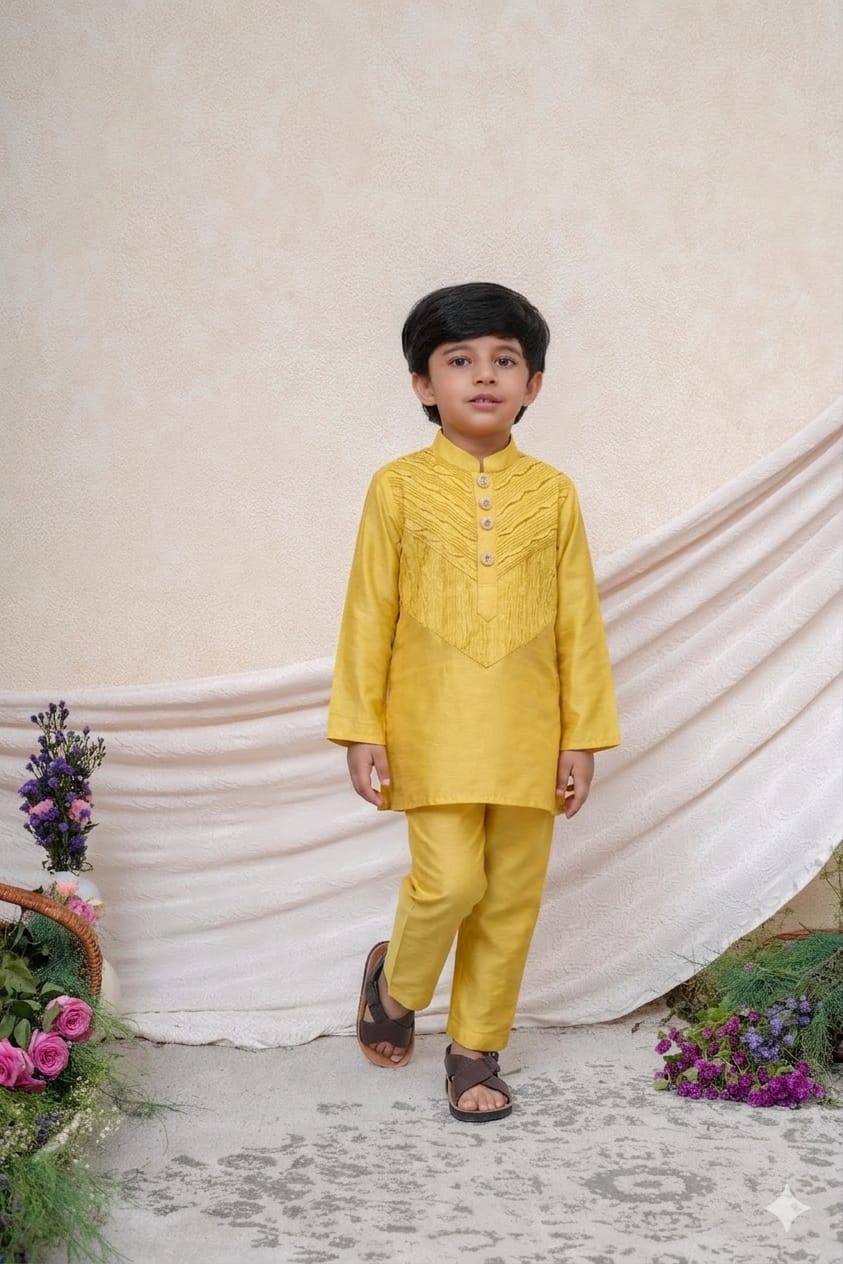 Mustard Pintuck Detailed Chanderi Kurta and Pant for 2 Years Old