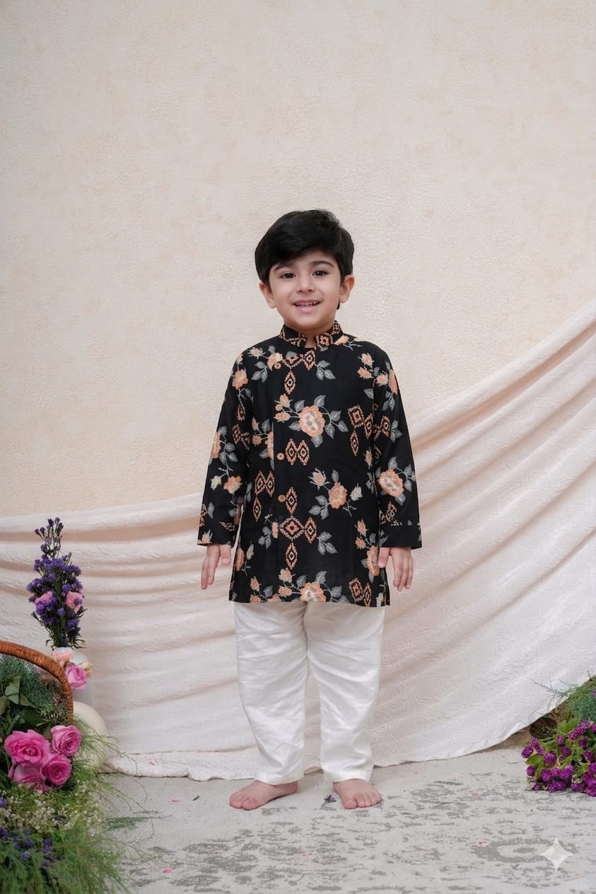 Black Cross Stitch Side Botton kurta and and Pyjama for 2 Years Old