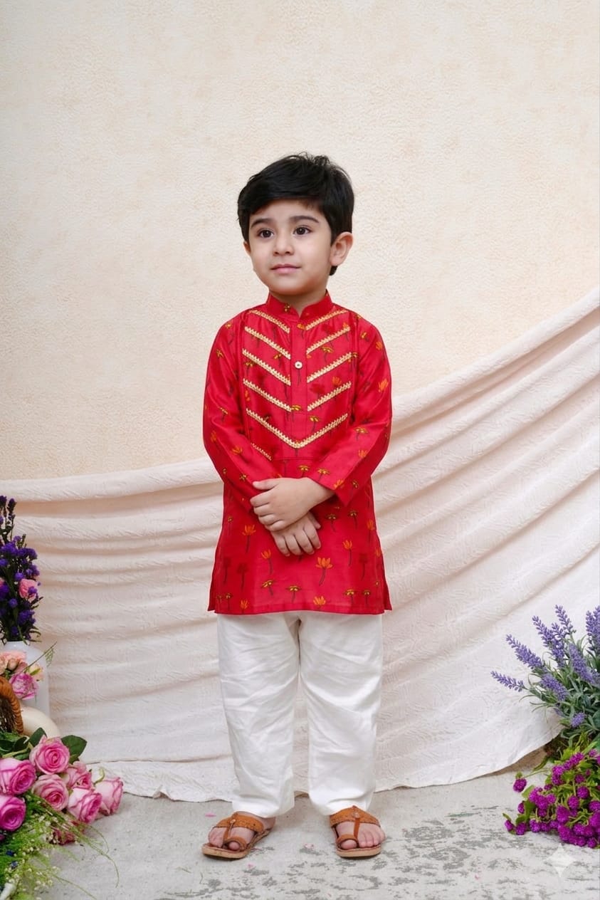Hot Pink Lotus Printed Boys Kurta and Pant for 2 Years Old