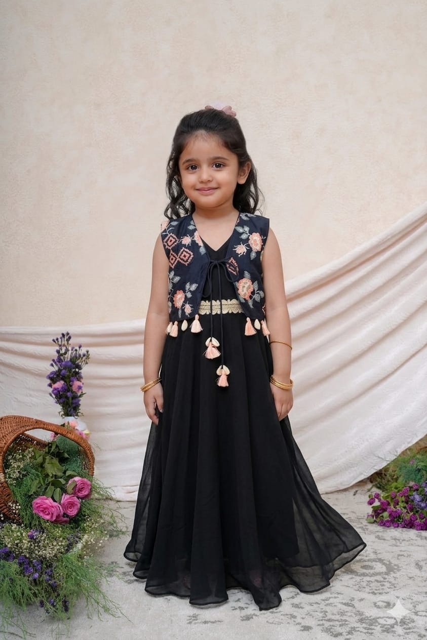 Black Jumpsuit with Multi Colour Floral Cross Stitched Black Jacket for 2 Years Old