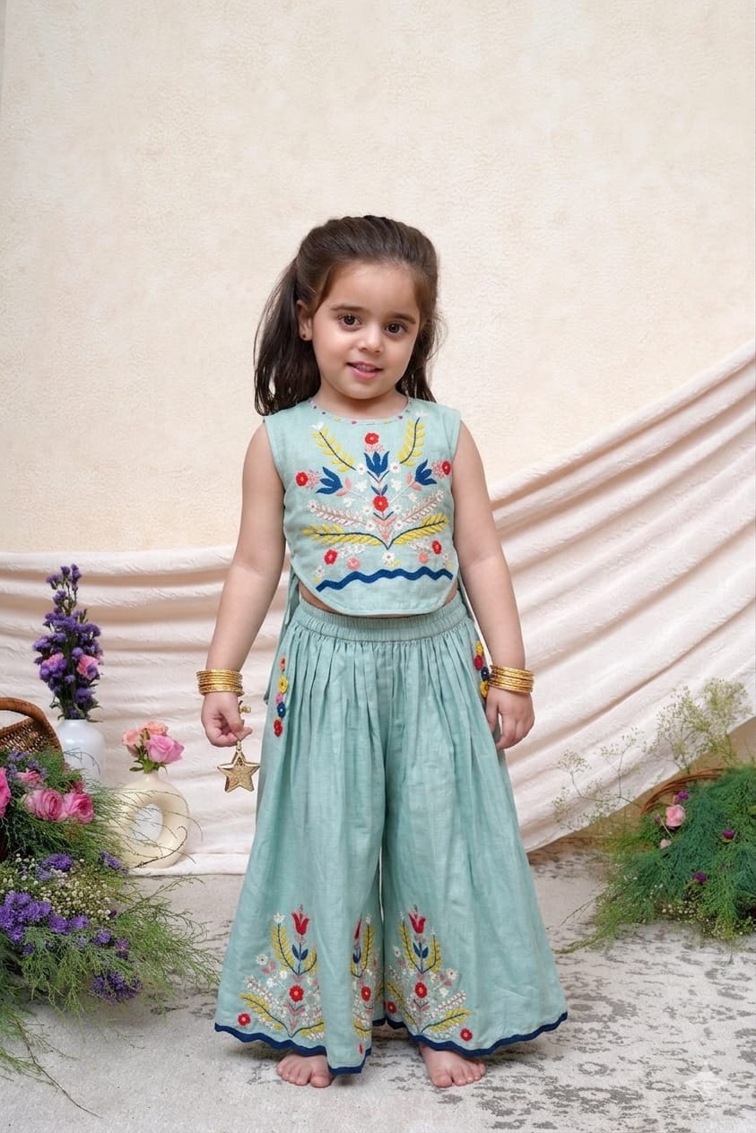 MULTICOLOUR THREAD EMBROIDERED & APPLIQUE BLUE BIB & FLARE PANT for 2 Years Old