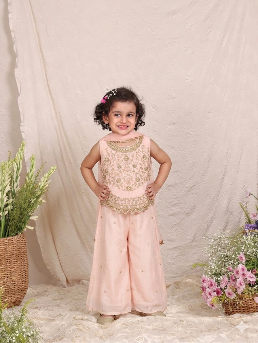 PINK ZARI EMBROIDERED TOP & FLARE PANT WITH DUPATTA for 5,7 and 9 Years Old