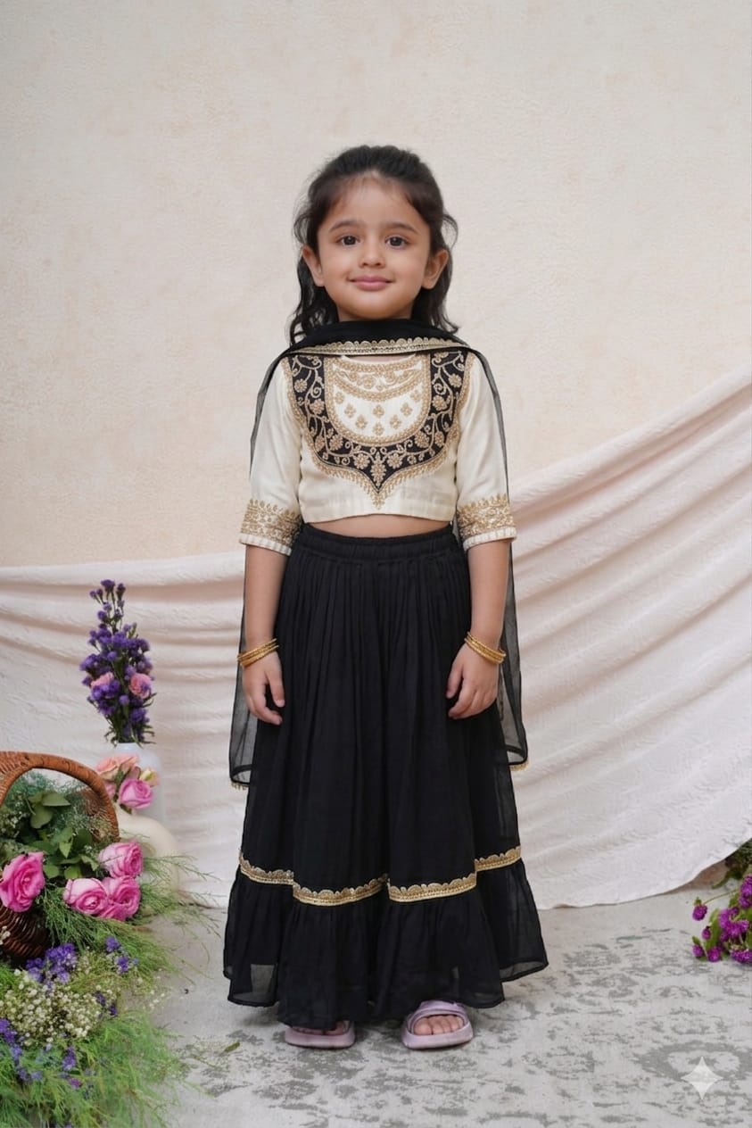 ZARI EMBROIDERED WHITE BLOUSE WITH BLACK GHAGARA