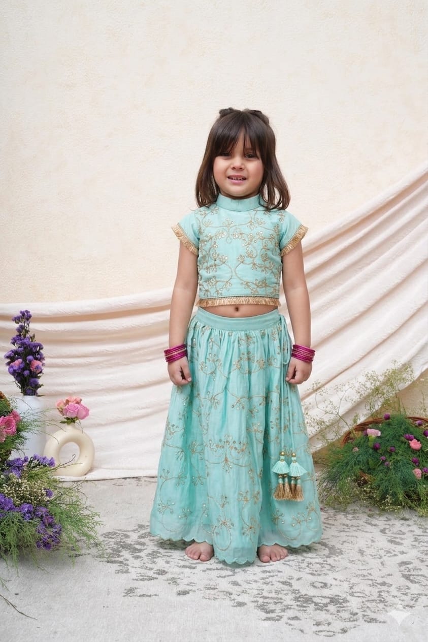 SEAGREEN ZARI & SEQUINCE EMBROIDERED GHAGARA AND BLOUSE for 2 Years Old