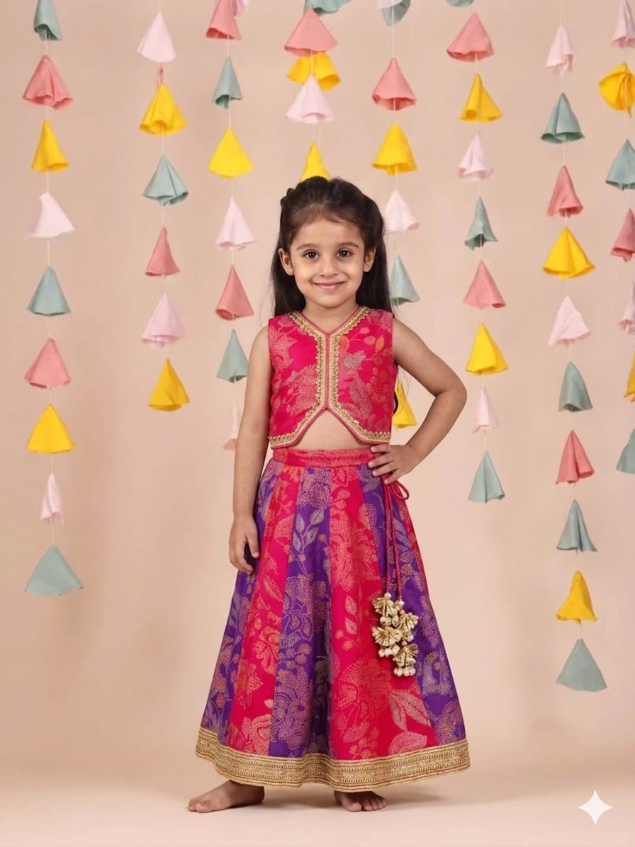 PINK PRINTED JACKET STYLE TOP WITH PURPLE AND PINK SAVRON KALI GHAGARA for 2 Years Old