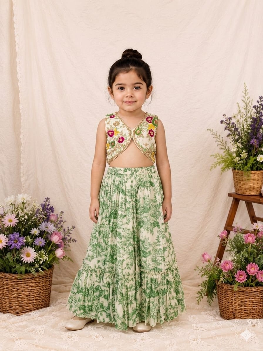 GREEN FLORAL PRINTED EMBROIDERED BLOUSE AND GHAGARA for 2 Years Old