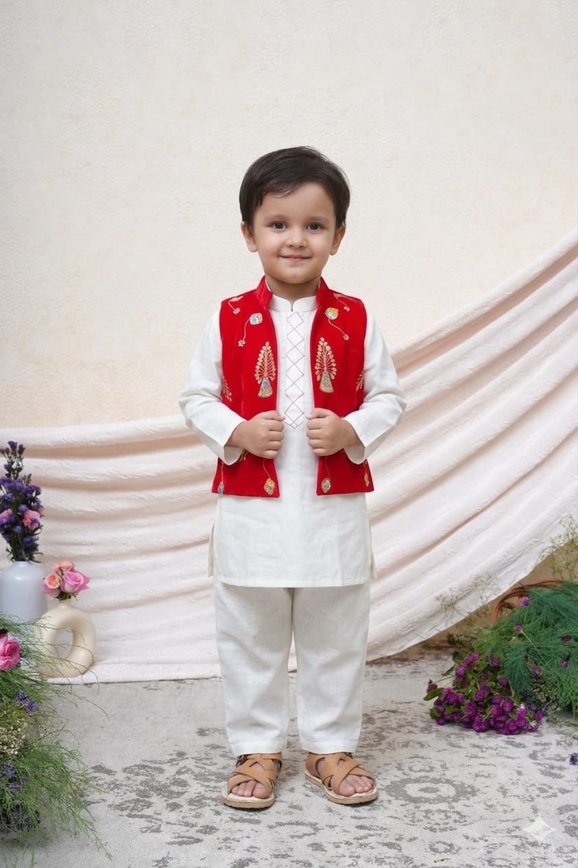RED PATAKA JACKET WITH OFF WHITE KURTA PANT for 1 Years Old