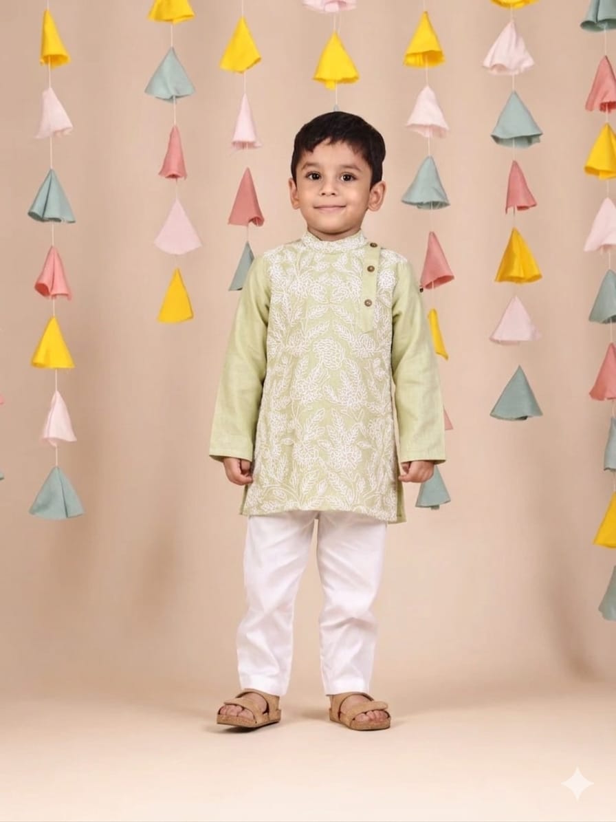 THREAD WORKED PISTA GREEN SIDE OPEN KURTA AND PANT for 2 Years Old