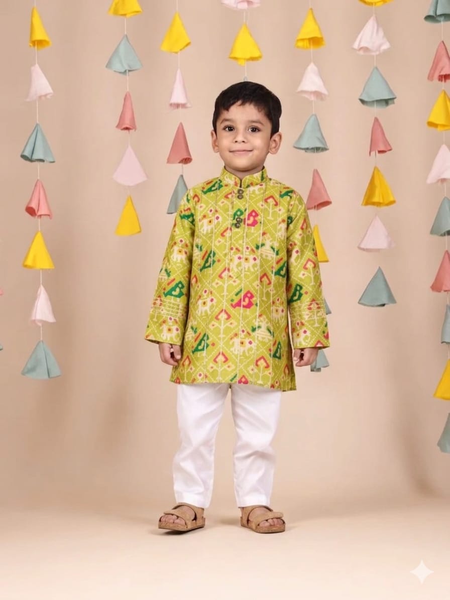 LIME GREEN PATOLA KURTA WITH GOTA LACE for 6 months,2,4 an 8 Years Old