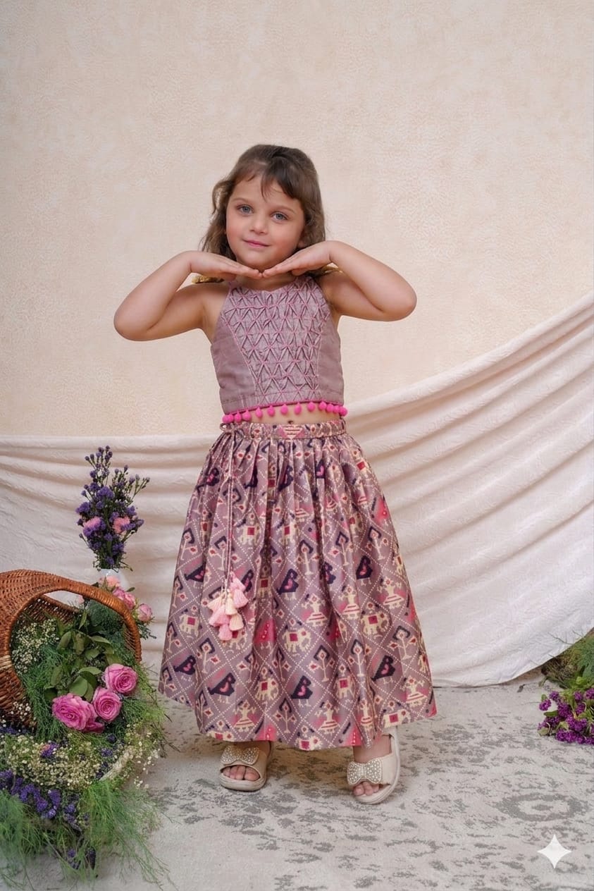 LAVENDER PATOLA GHAGARA WITH SMOCKED TOP for 2,4,6 and 8 Years Old