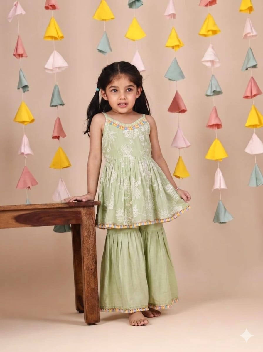 MINT THREAD & SIQUENCE EMBROIDERED PEPLUM & SHARARA for 2 Years Old