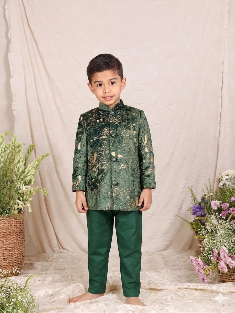 BOTTLE GREEN EMBROIDERED VELVET SHERWANI for 2 Years Old
