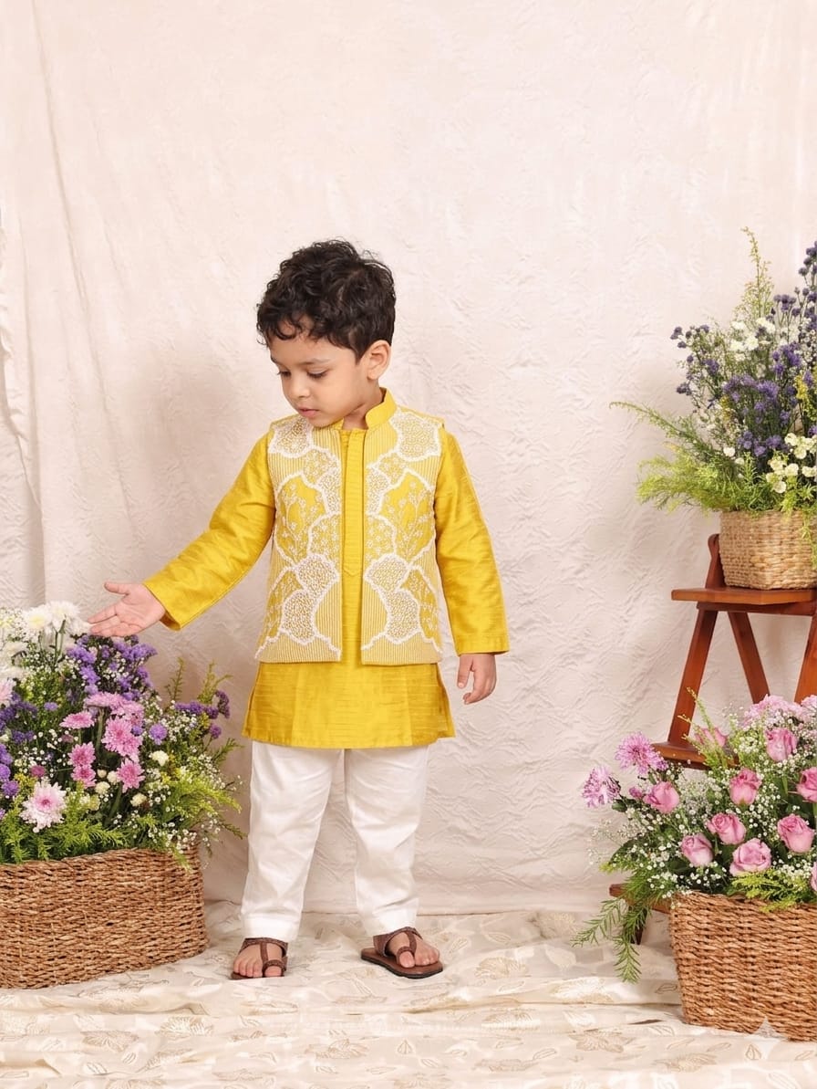 Lime Green Heavy Moti Embroidered Jacket with Kurta and Pant