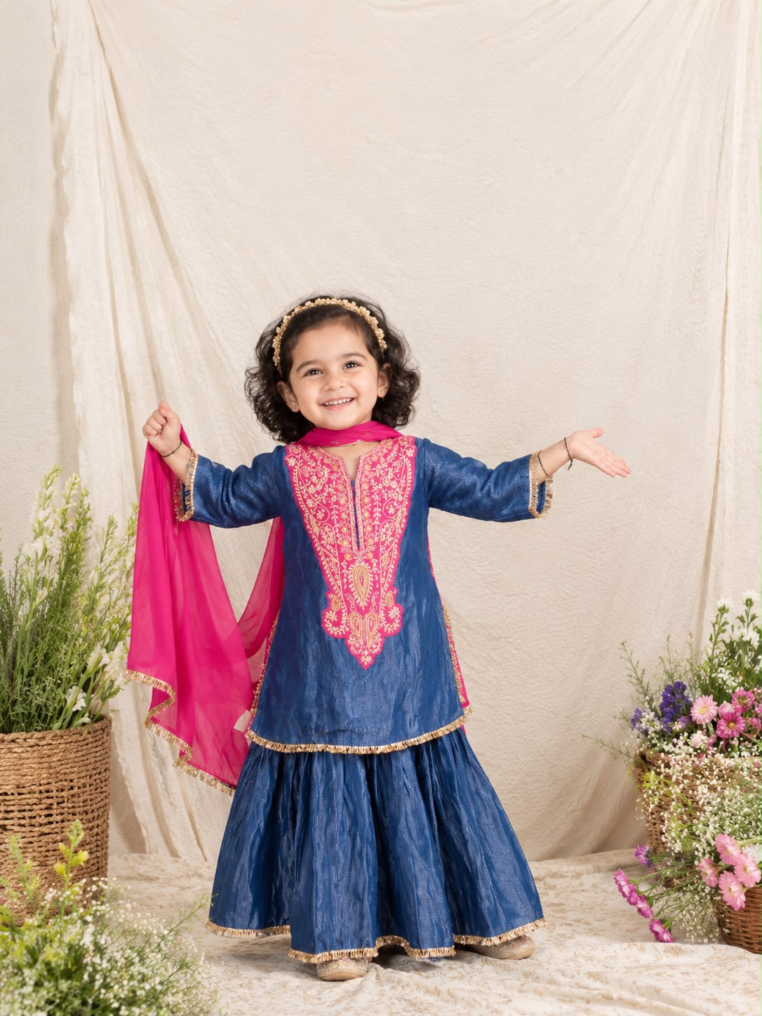 Zari Embroidery Blue Kurta Sharara for 2,6 and 8Years Old
