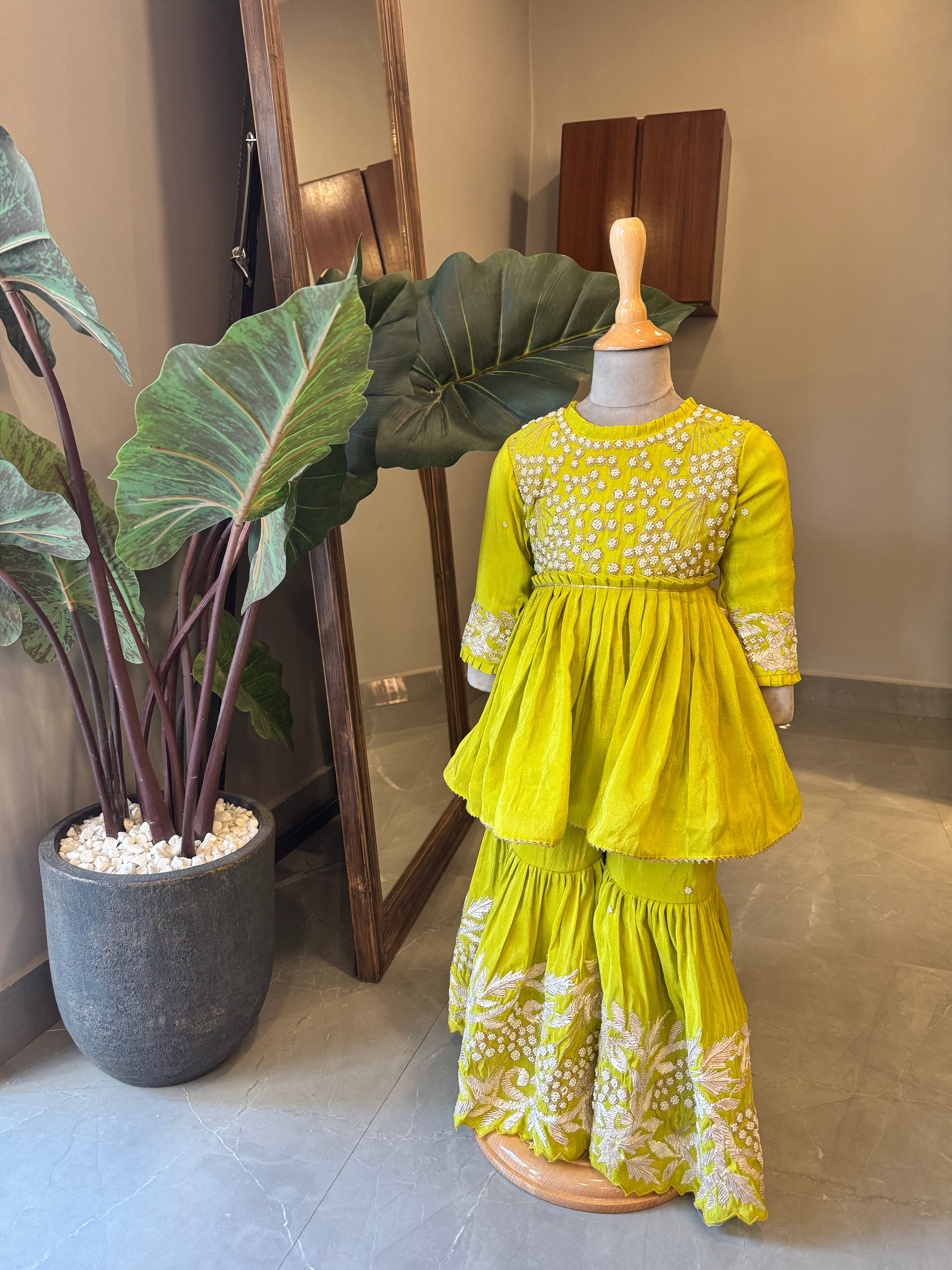 Lime green Moti gota peplum kurta and Sharara