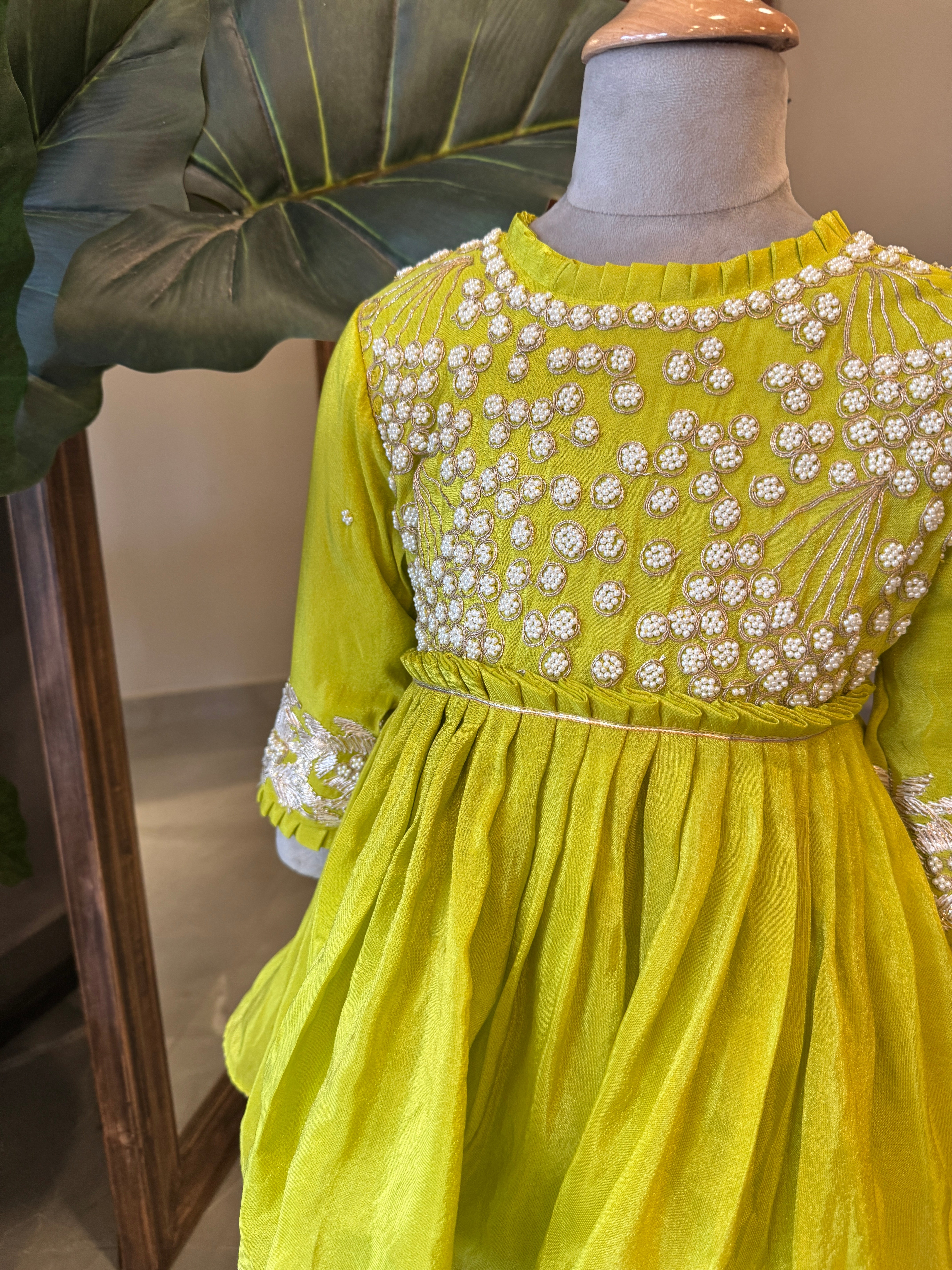 Lime green Moti gota peplum kurta and Sharara