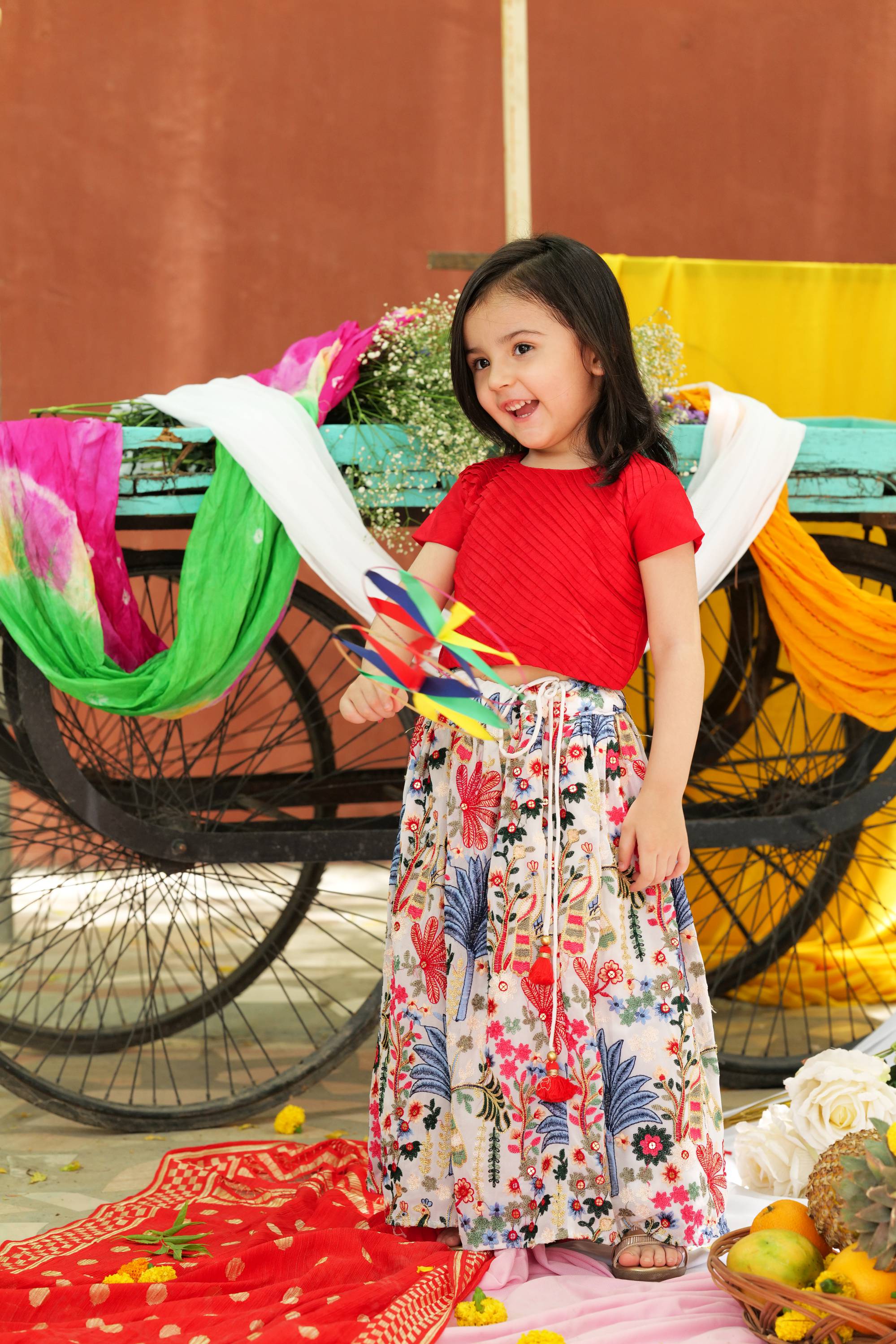 Red Pintuck Detailing Top With Multi Colour Floral And Peacock Embroidered White Lehenga - P&S Company