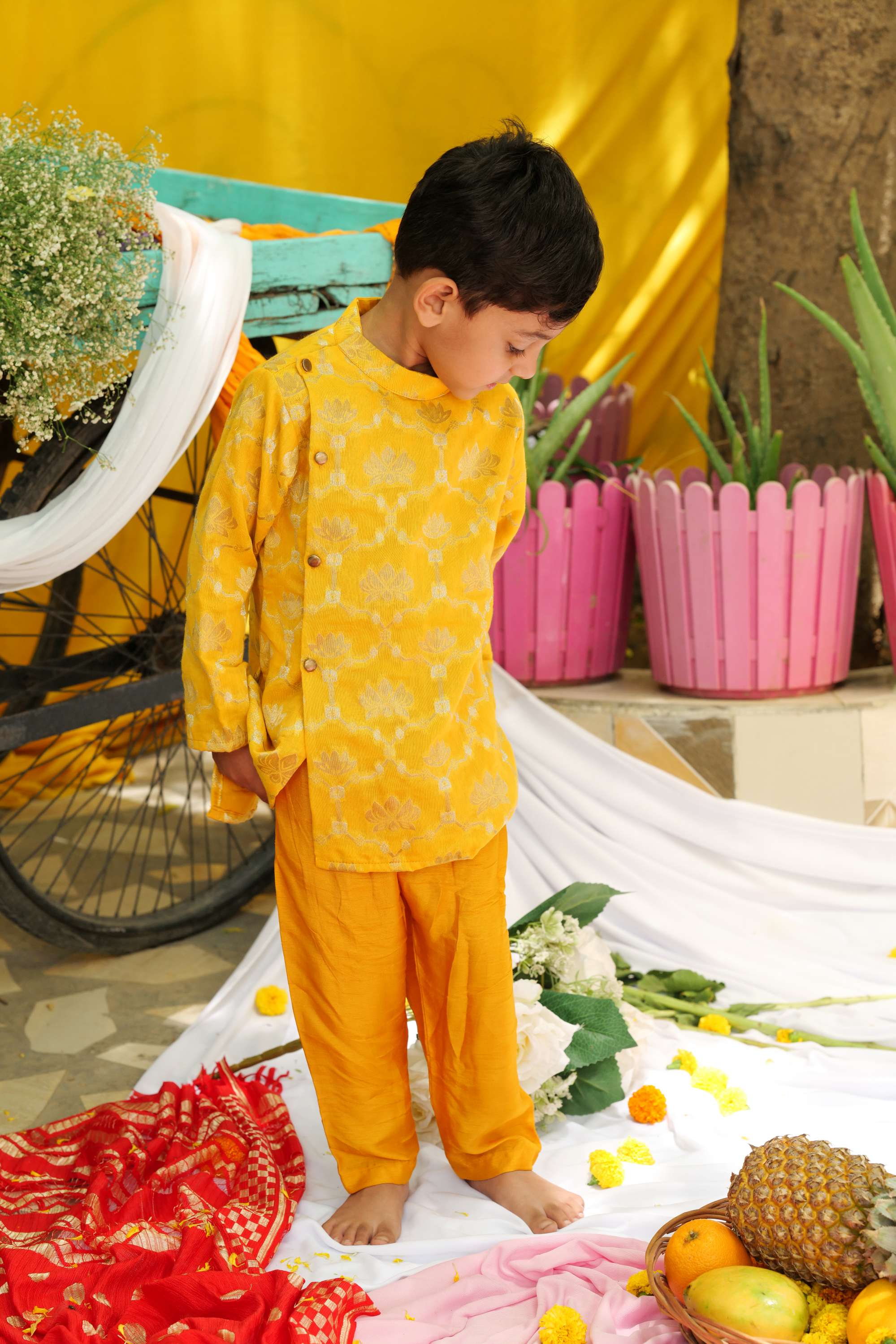 Keshariya Lotus Brocade Flap Kurta with Pyjama - P&S Company