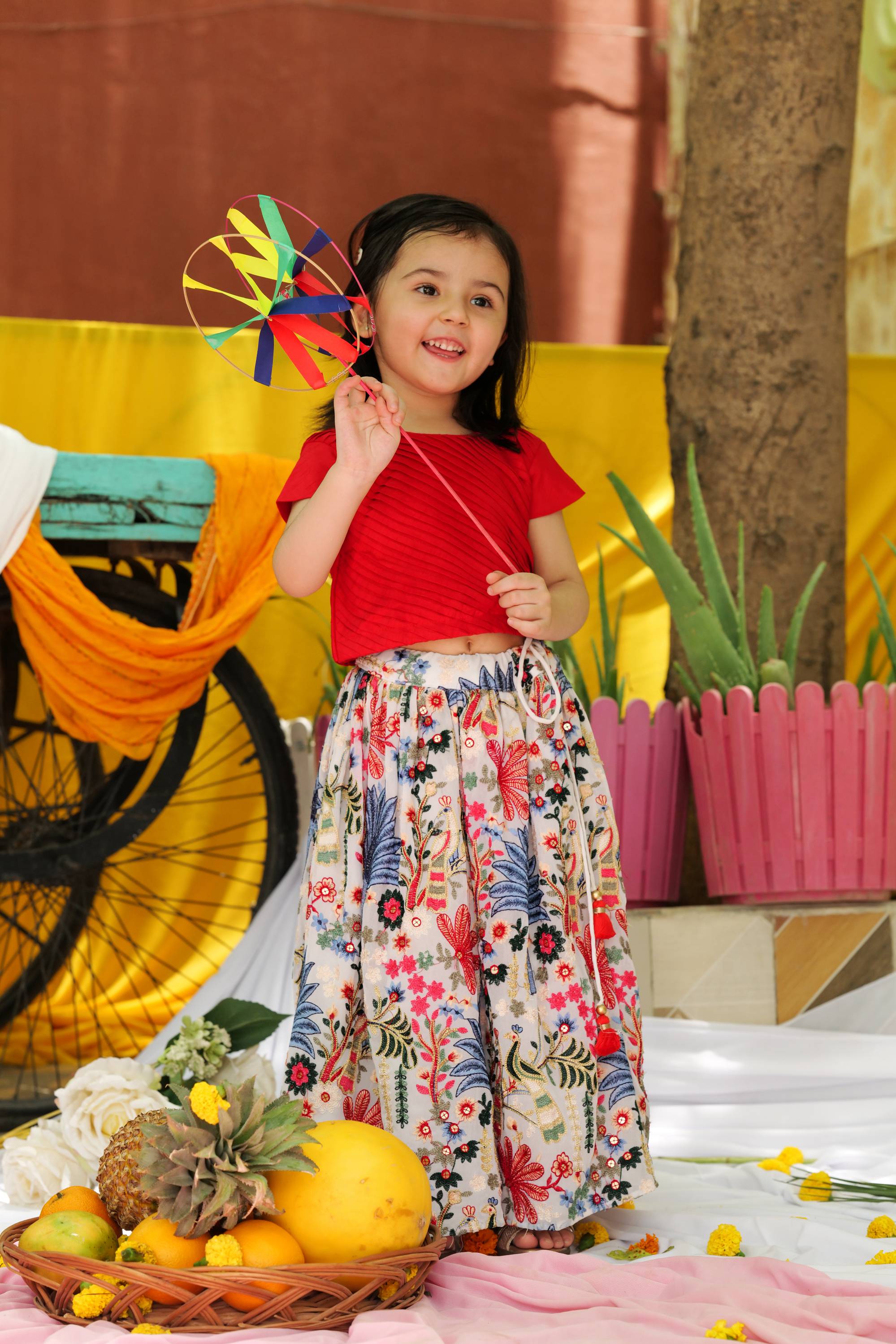 Red Pintuck Detailing Top With Multi Colour Floral And Peacock Embroidered White Lehenga - P&S Company