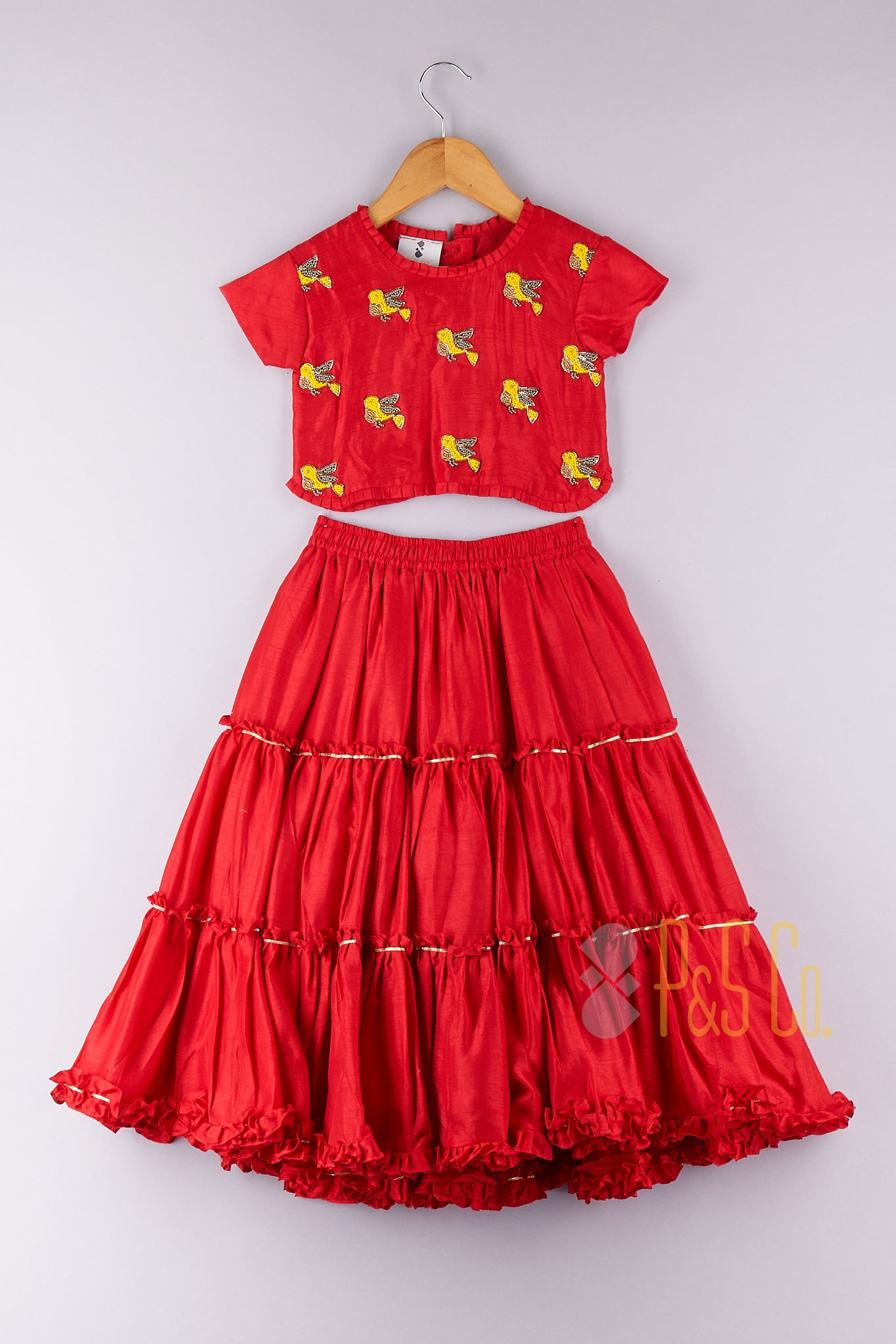 Bird Beaded Red Top And Layered Lehenga - P&S Company