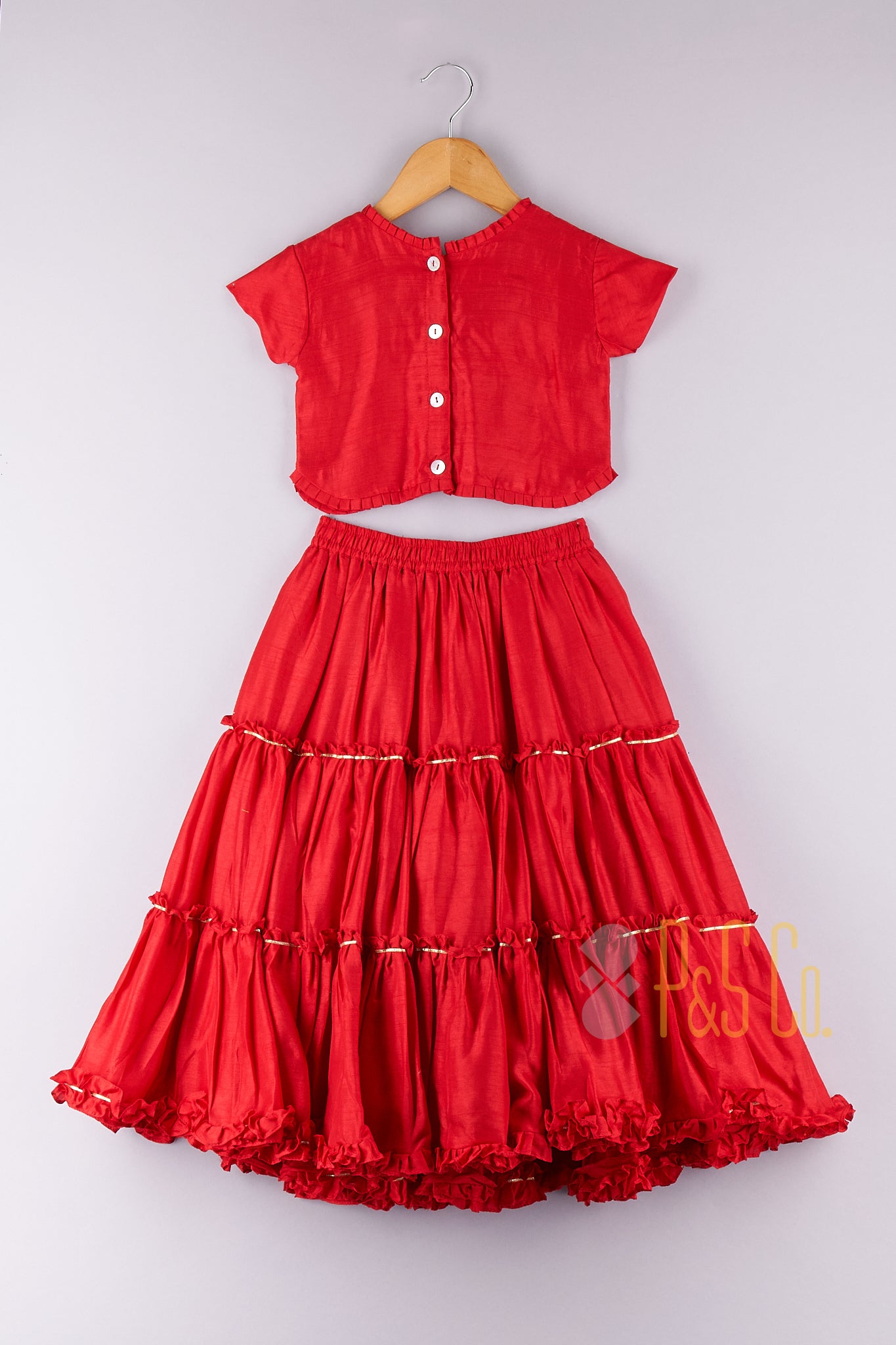 Bird Beaded Red Top And Layered Lehenga - P&S Company