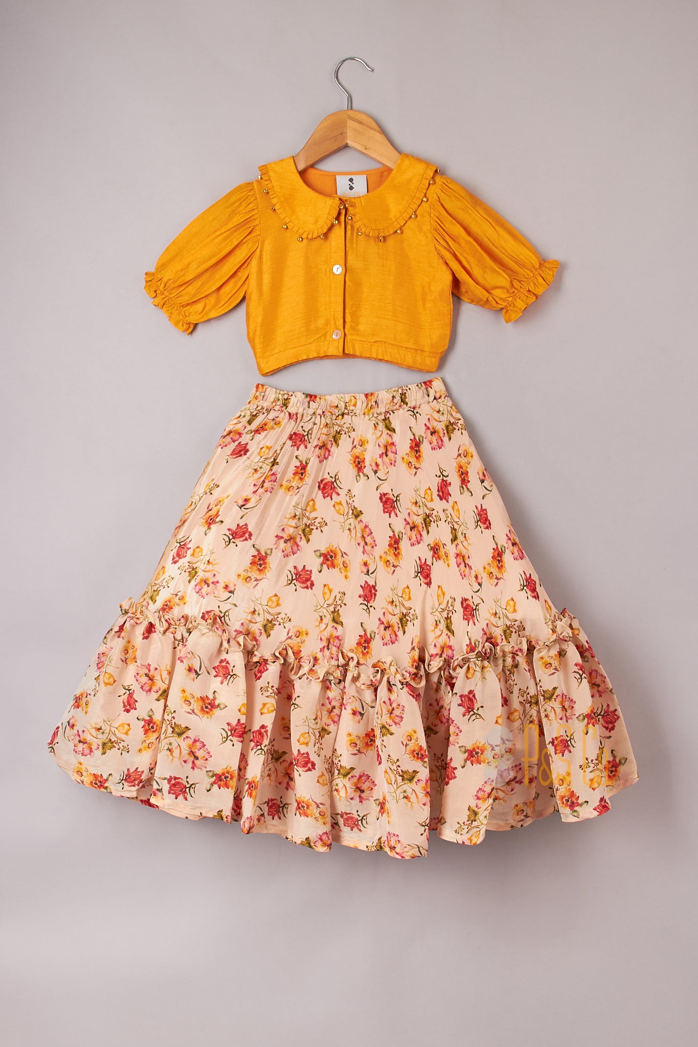 Cute Peter Pan Collar Blouse with Floral Printed Lehenga - P&S Company