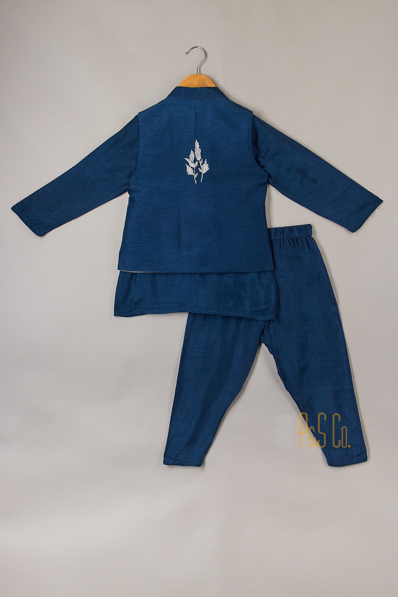 Zari Thread Embroidered Jacket With Navy Blue Kurta And Pyjama - P&S Company