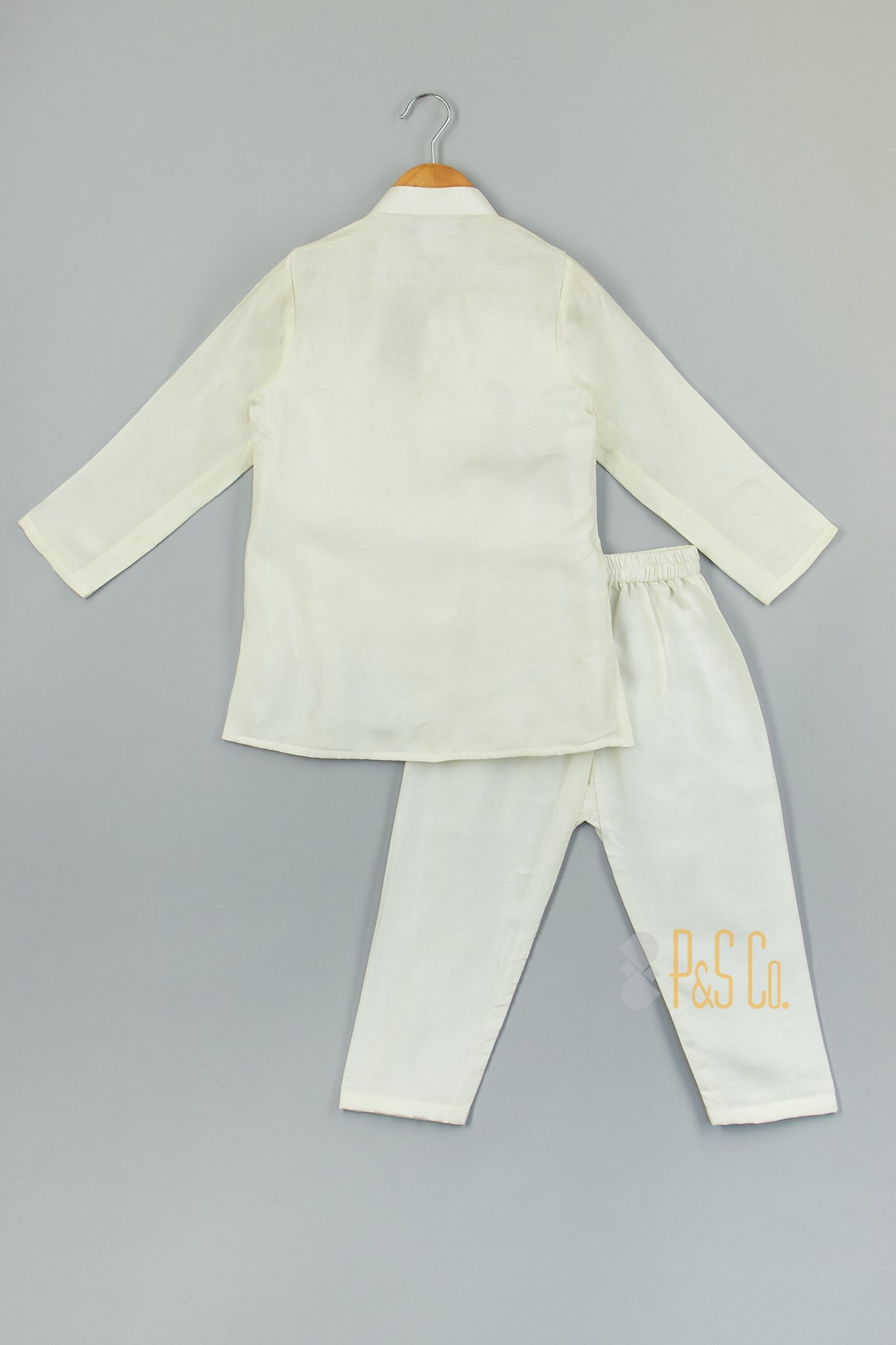 Flowers Embroidered Off White Attached Jacket Kurta And Pyjama - P&S Company