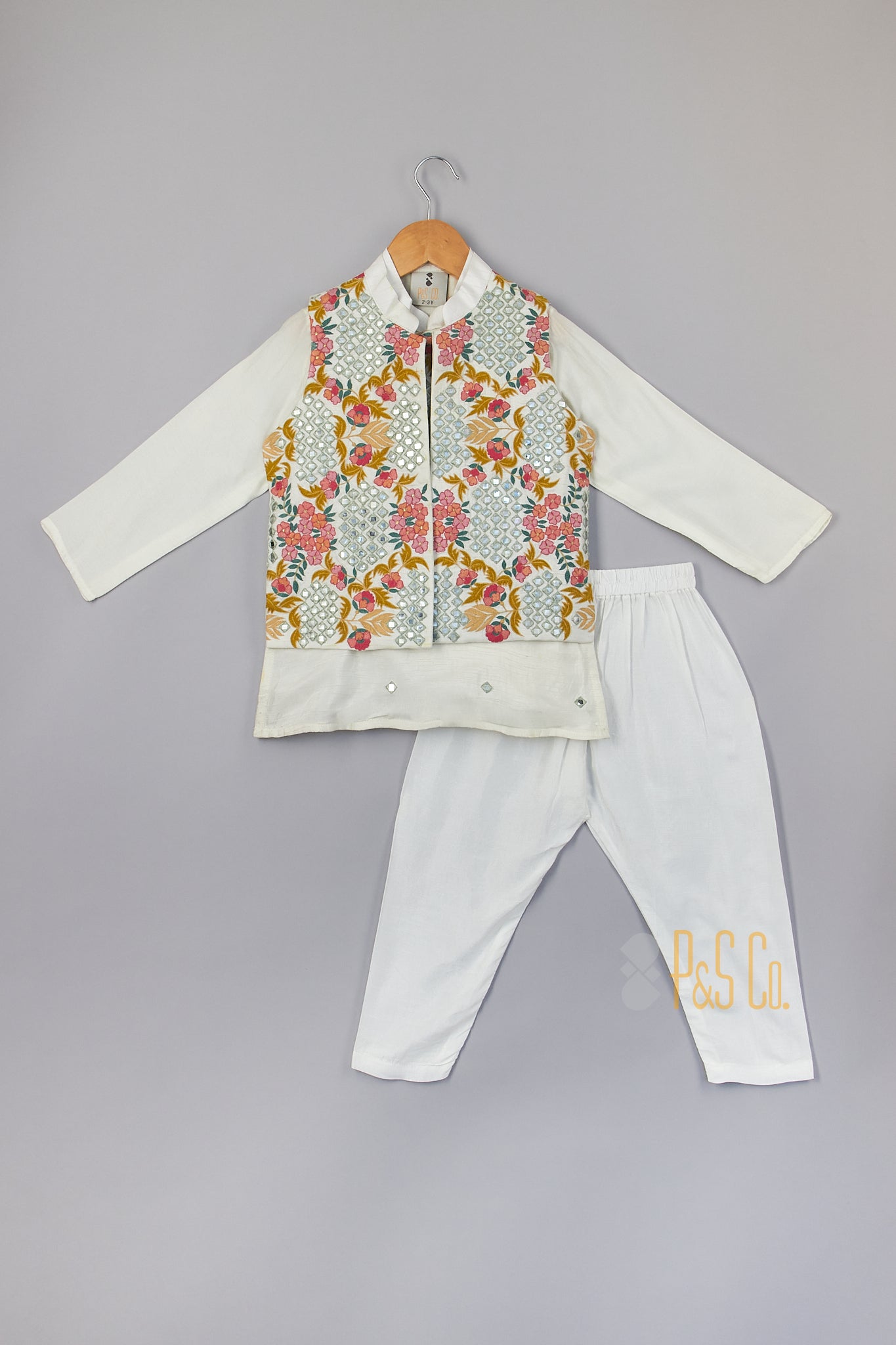 Multi colour mirror embroidery jacket with kurta & pyjama - P&S Company