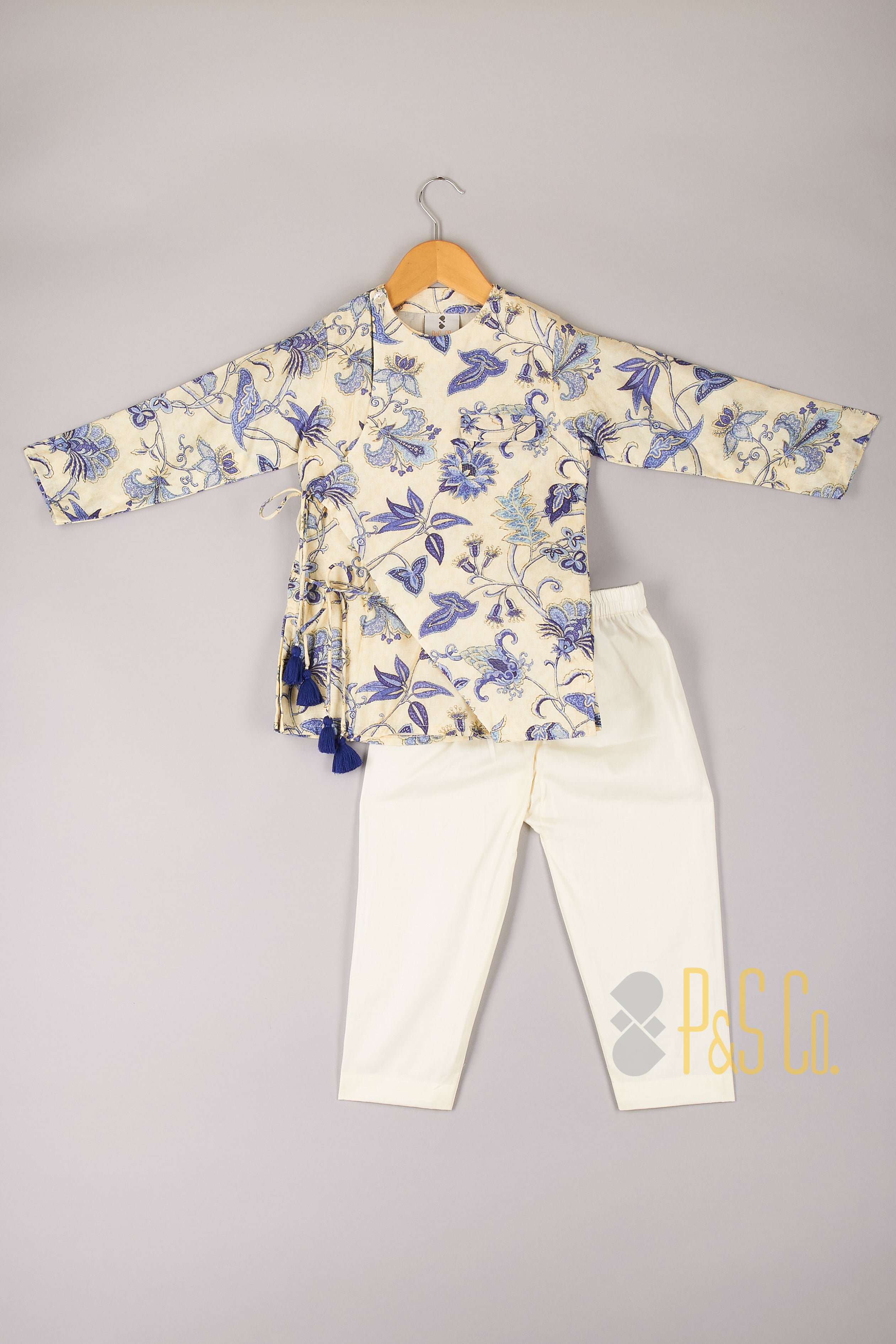 Blue Floral Printed Cream Kurta With Pyjama - P&S Company
