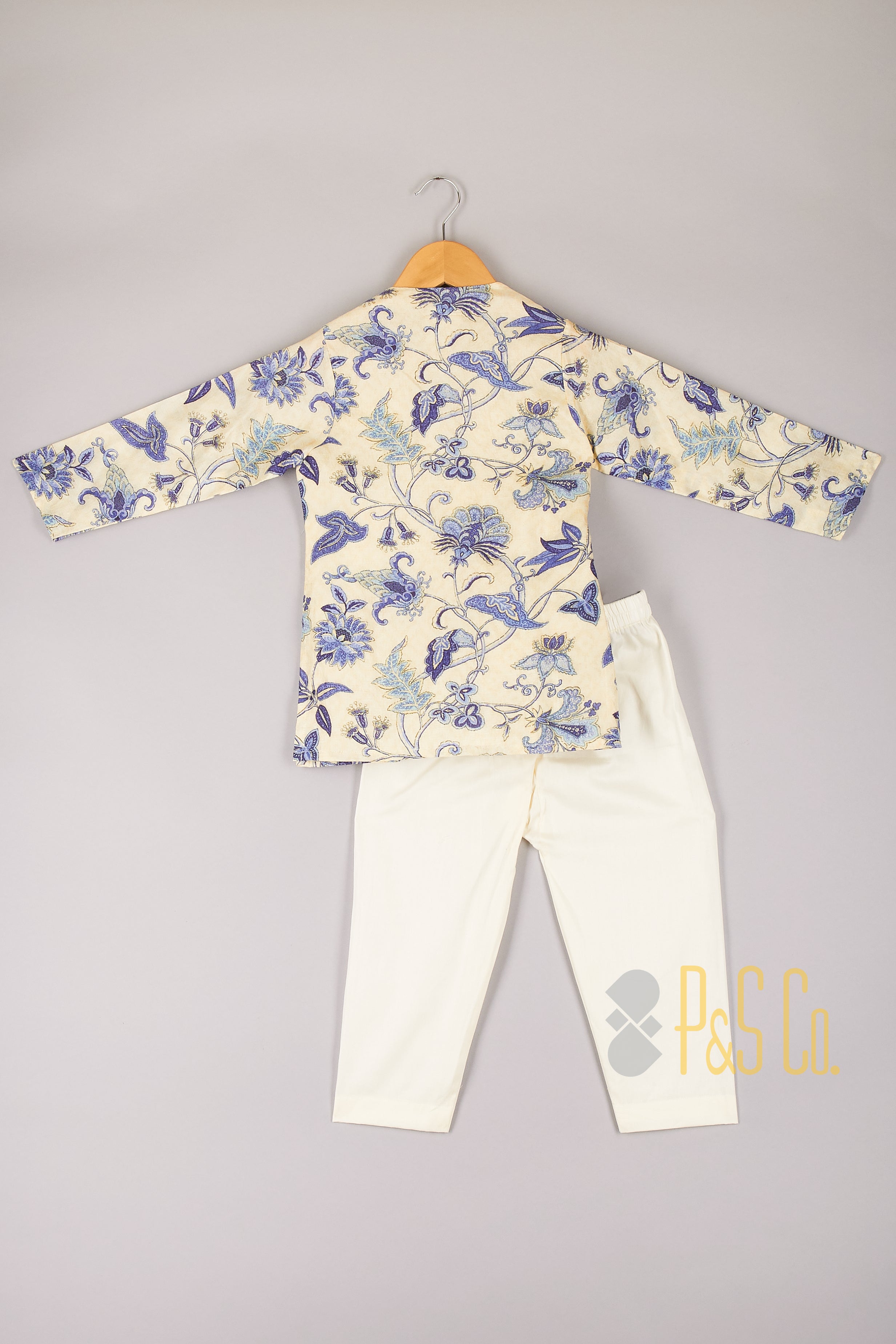 Blue Floral Printed Cream Kurta With Pyjama - P&S Company