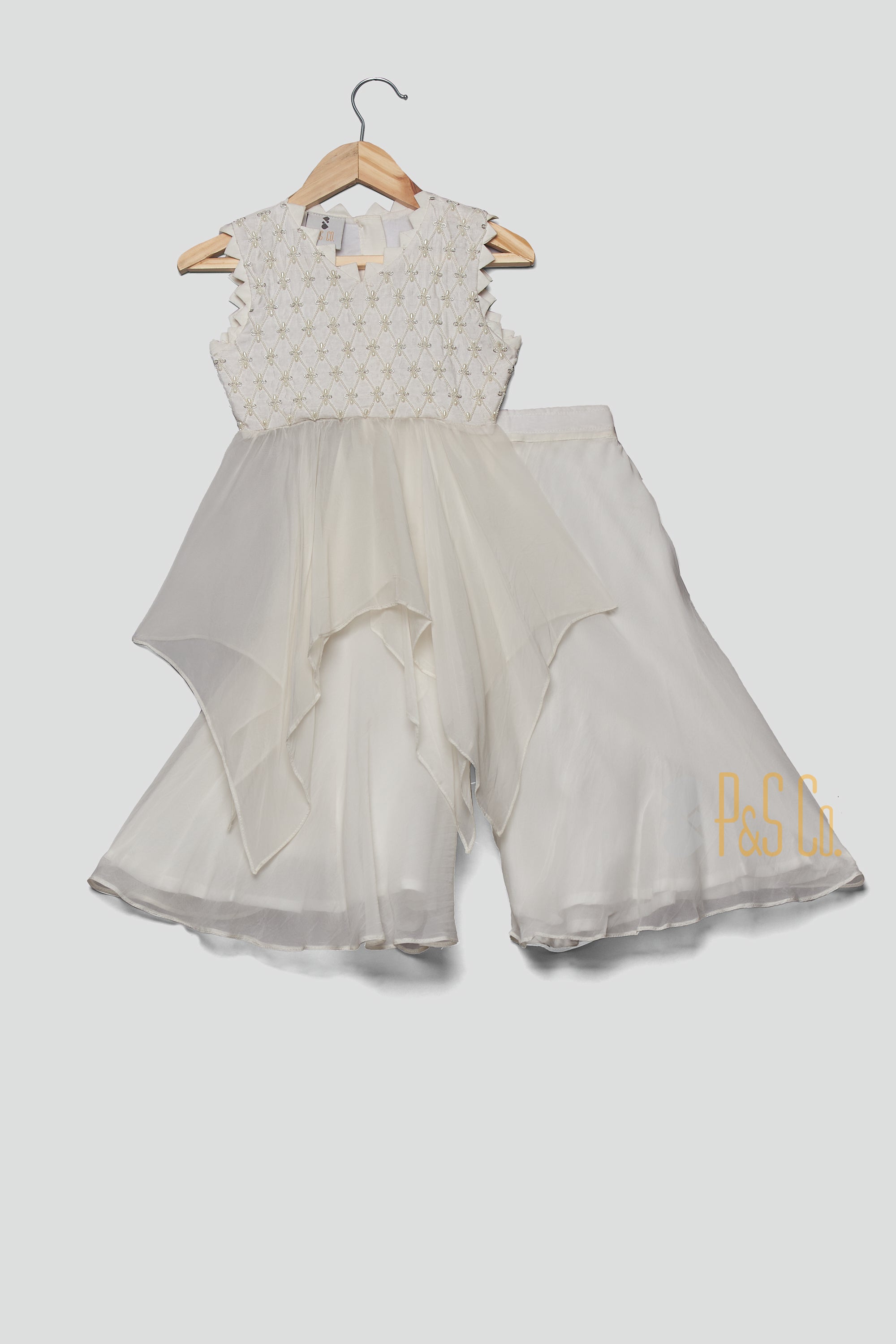 White Organza Moti Tunic And Sharara - P&S Company