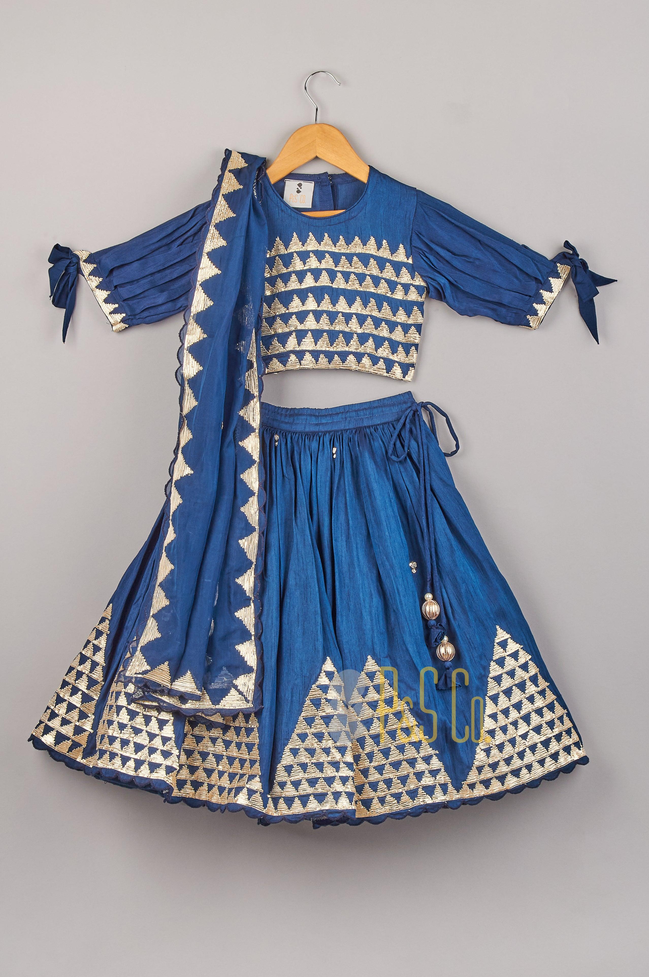 Blue Triangle Lace Work Top With Lehenga And Dupatta - P&S Company