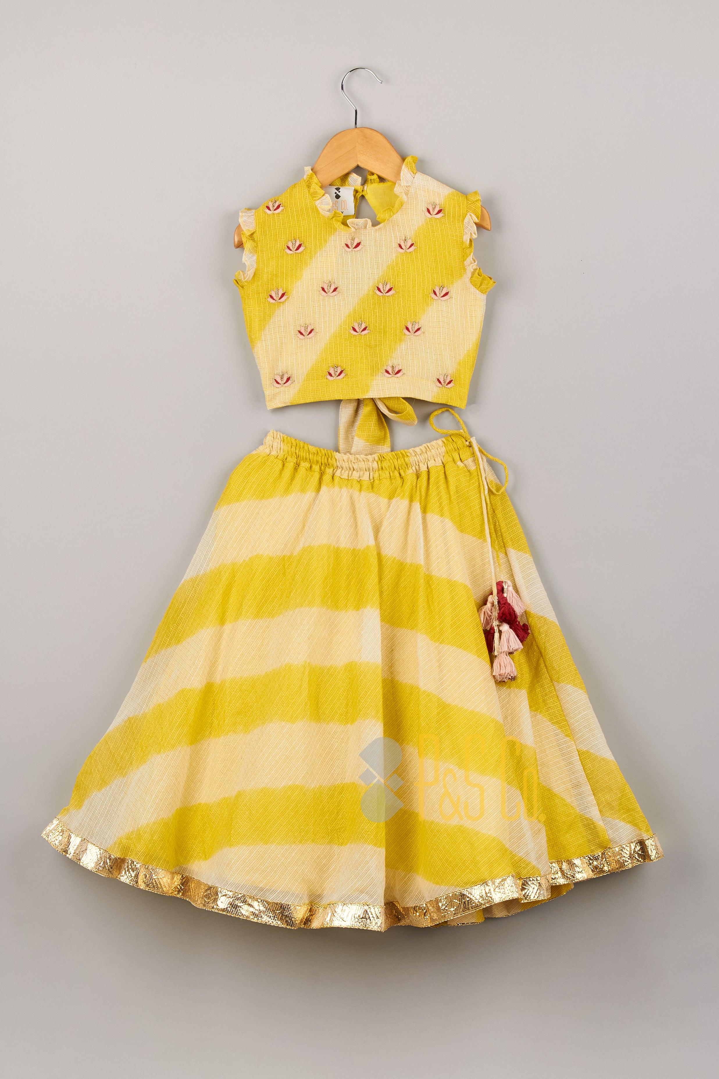 Lotus Embroidered Top With Leheriya Lehenga - P&S Company